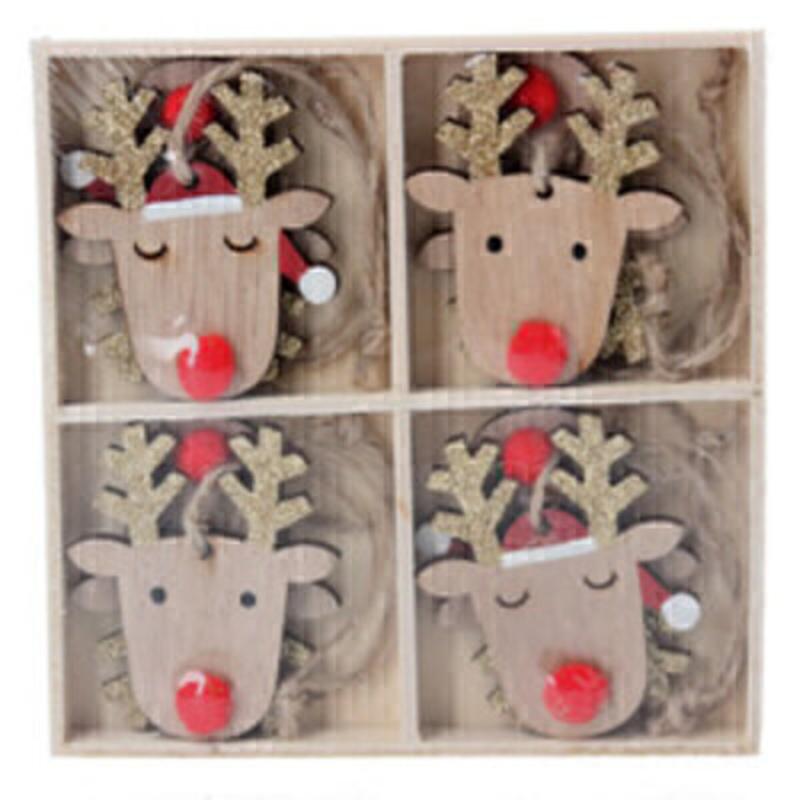 These festive wooden reindeer heads complete with fluffy red noses come in 2 different designs. The box contains 8 hanging decorations in total (4 of each design).  These Christmas decorations are perfect for hanging on the Christmas Tree. Matching reindeer string garland available to complete the look! Made by London based designer Gisela Graham who designs really beautiful and unusual Christmas decorations and gifts for your home.Ê Would suit any Christmas decor and would make a lovely Christmas gift.